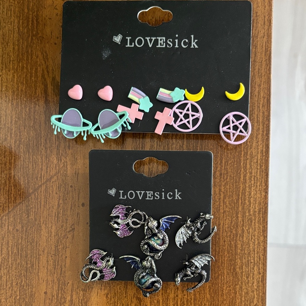 Lovesick Dragon and Symbol Earrings Set - Pink, Purple, Blue, Yellow